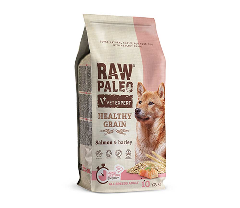 Raw Paleo sausas maistas suaugusiems šunims Adult Healthy Grain Salmon&Barley su lašiša ir miežiais