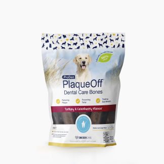 ProDen PlaqueOff Dental Care Bones – dantų priežiūros skanėstai šunims spanguolių skonio su kalakutiena 482 g